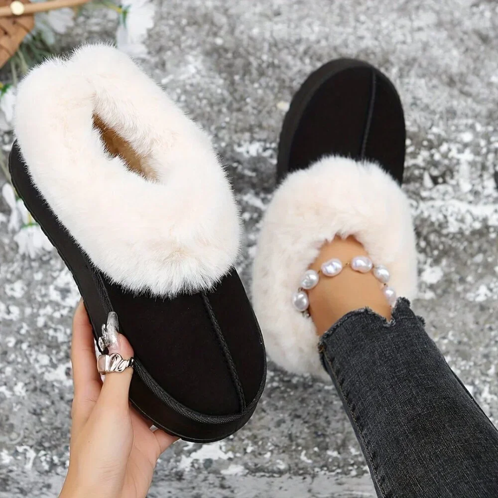 Black Casual Women's Thick Flat Suede Shearling Slippers
